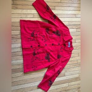 liz and me button blouse women’s Size 2X Red Embroid Beaded Asian Career Floral